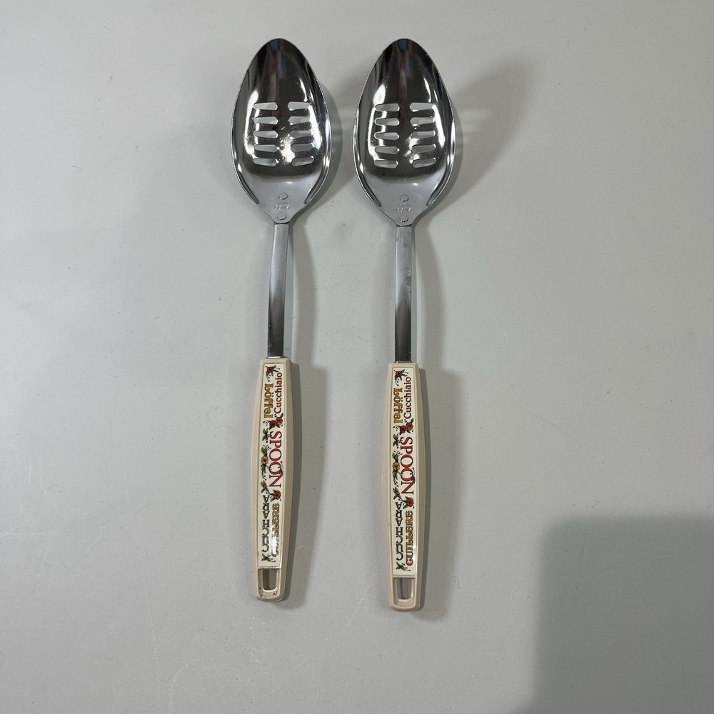 Vintage Ekco 1970's Stainless Steel Long‎ Slotted Spoons Lot 2 Floral SPOON